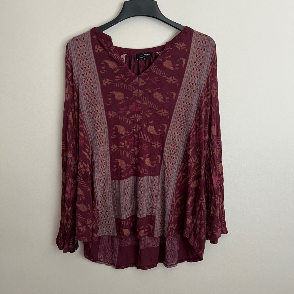 Lucky Brand Burgundy Boho Floral Embroidered Bell Sleeve Peasant Blouse 2X